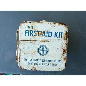 Vintage 60s Metal First Aid‎ Kit Eastern Safety Equipment NY Org Contents Inside